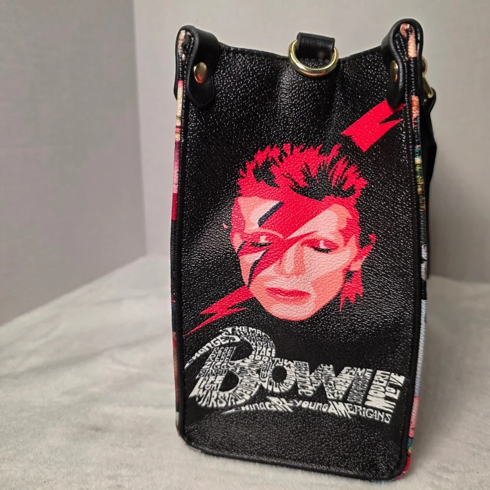 David Bowie Collage Print Satchel Bag Vegan Leather Music Icon Handbag Black